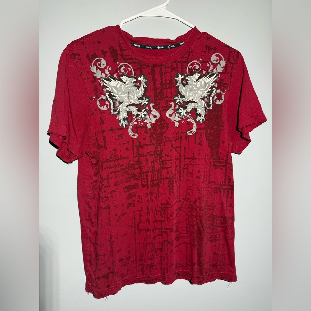 Guess Red Short Sleeve Tee with Dragon Embroidery